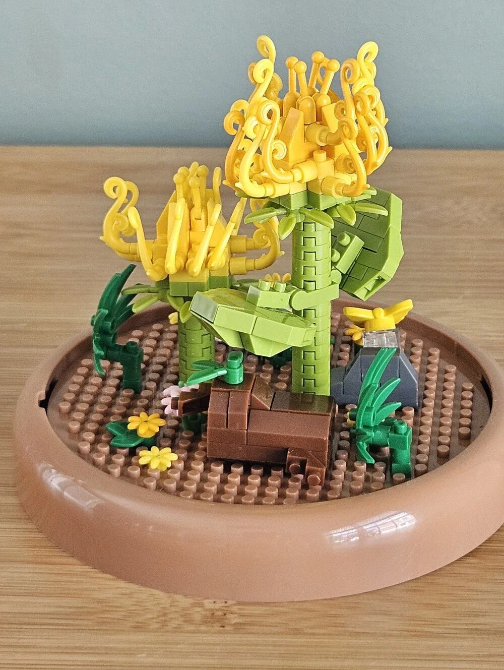 Glass Dome Terrarium with Yellow Floral Accent Bricks No Instructions Assembeled